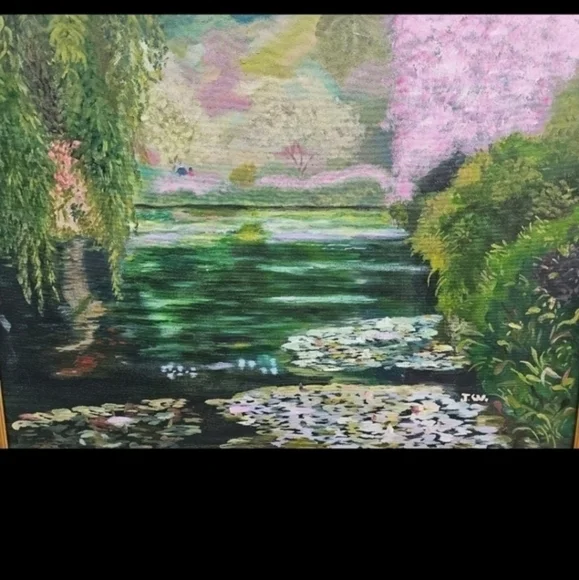 Vintage oil painting of a lily pond - Picture 3 of 11